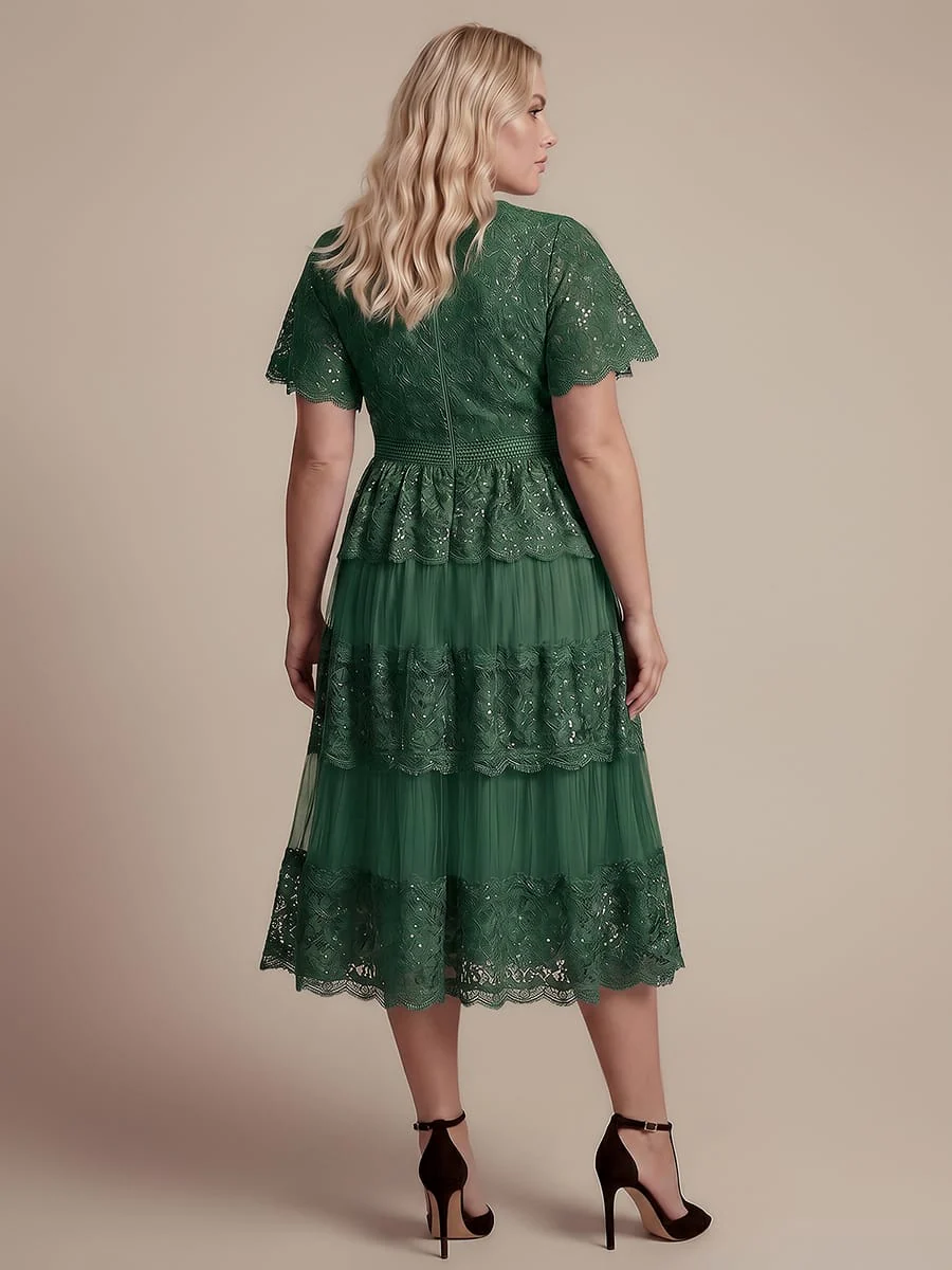 Plus Size High Stretch Lace Spliced A-Line Ruffle Sleeve Patchwork Wedding Guest Dress - Image 12