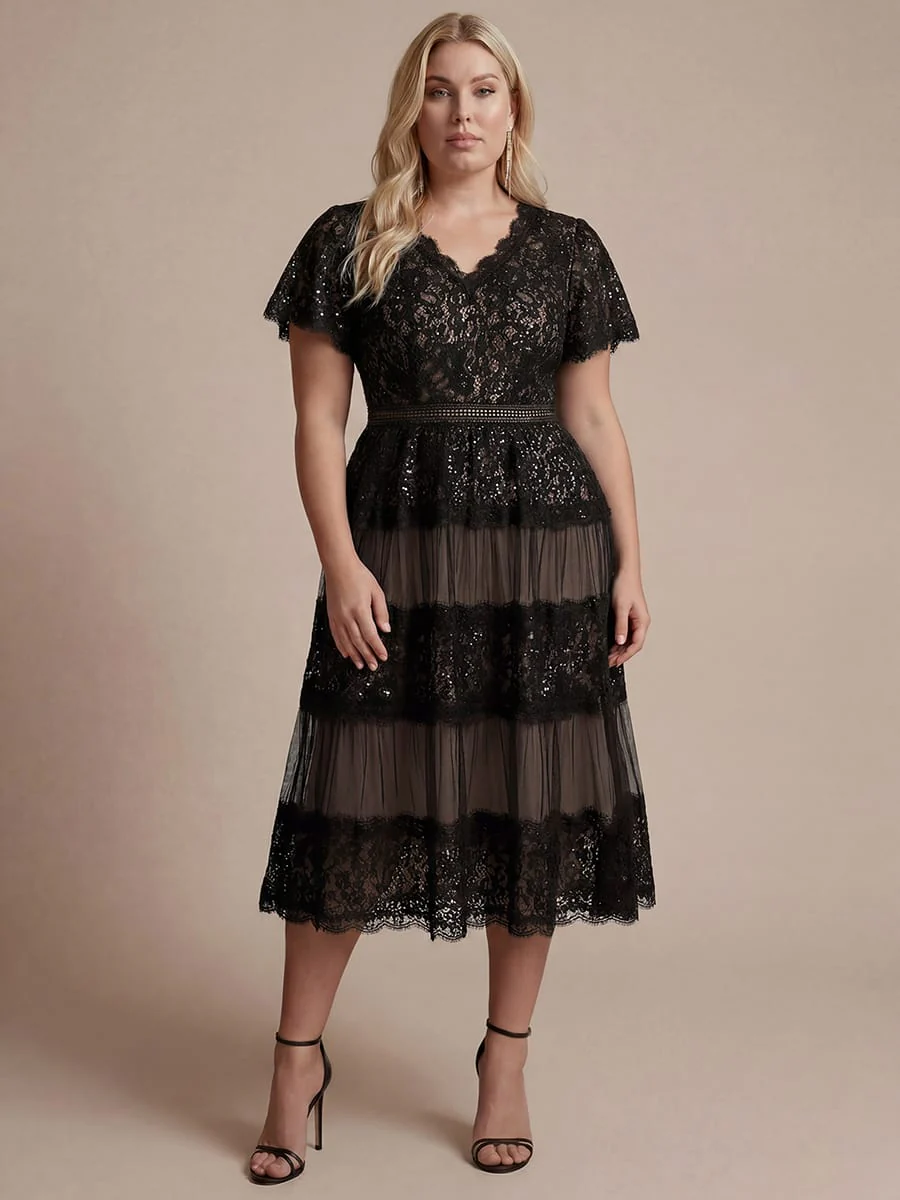 High Stretch Lace Spliced A-Line Flutter Sleeve Patchwork Wedding Guest Dress - Image 13