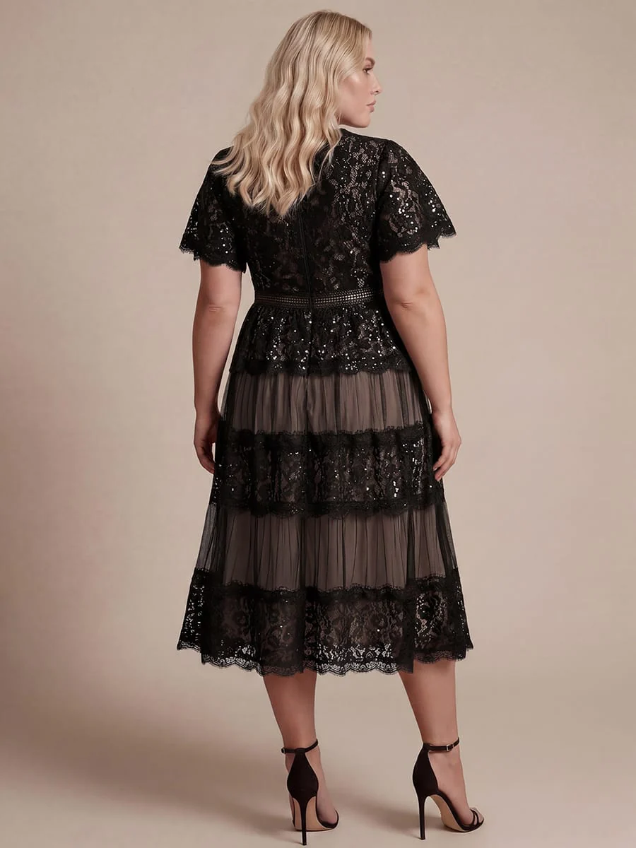High Stretch Lace Spliced A-Line Flutter Sleeve Patchwork Wedding Guest Dress - Image 14