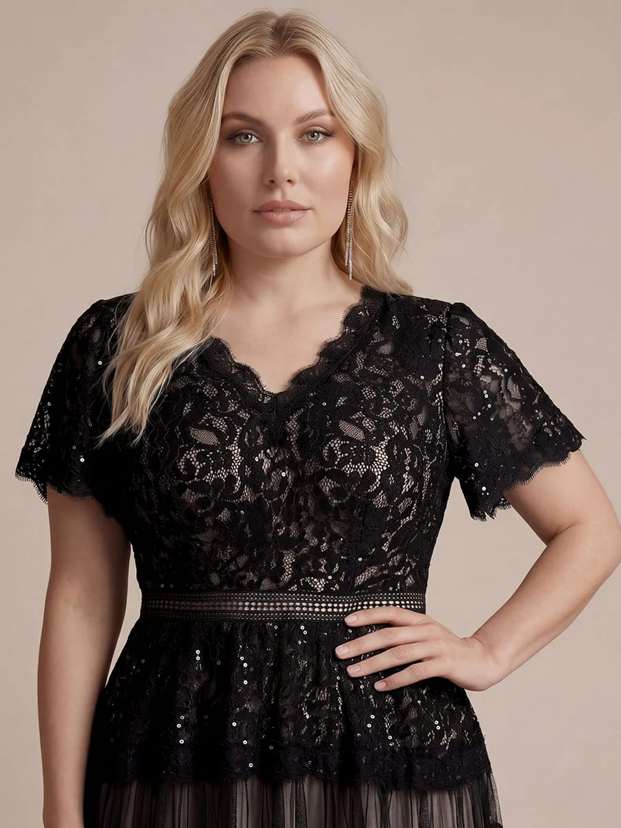High Stretch Lace Spliced A-Line Flutter Sleeve Patchwork Wedding Guest Dress - Image 15