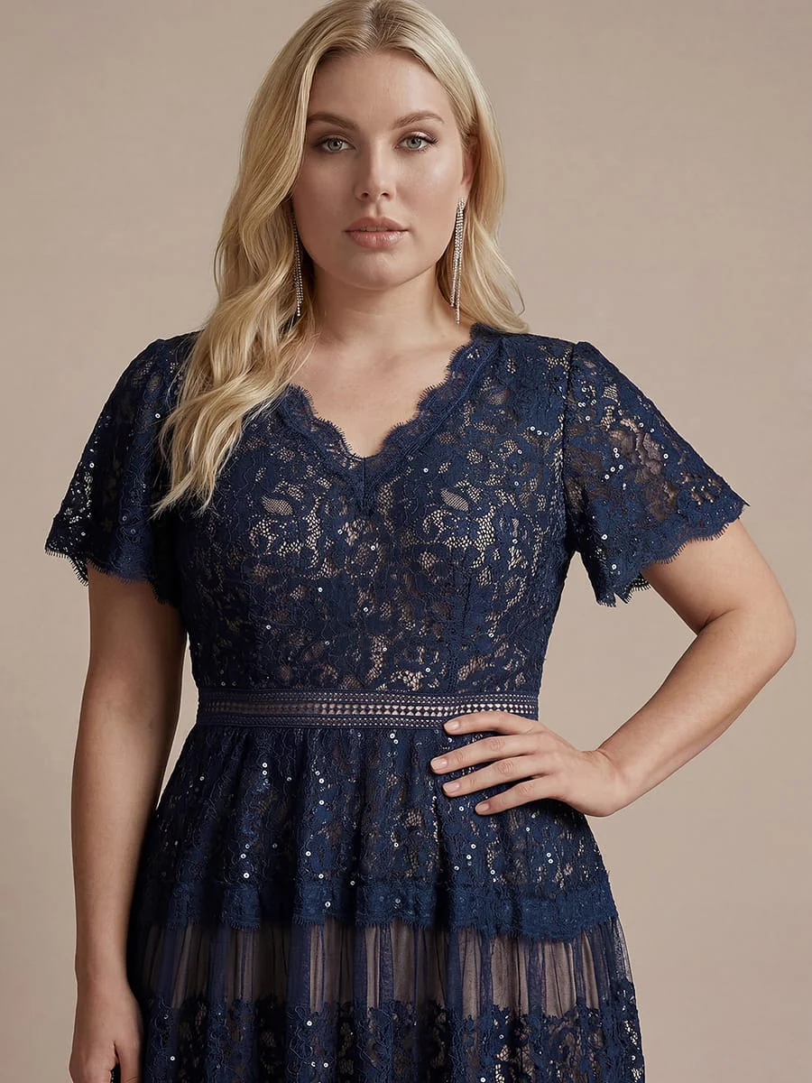 High Stretch Lace Spliced A-Line Flutter Sleeve Patchwork Wedding Guest Dress - Image 18