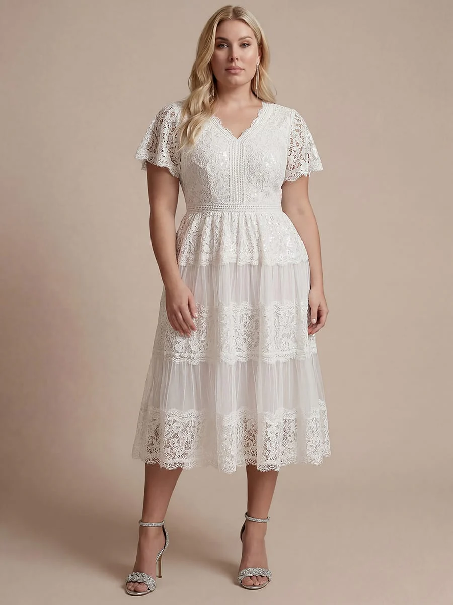 High Stretch Lace Spliced A-Line Flutter Sleeve Patchwork Wedding Guest Dress - Image 19