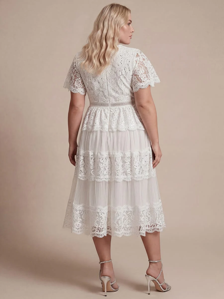 High Stretch Lace Spliced A-Line Flutter Sleeve Patchwork Wedding Guest Dress - Image 20