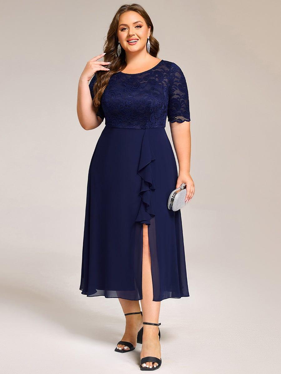 pretty NYLA|Plus Size Lace Top Short Sleeve Split Round Neck Evening Dress - Image 5