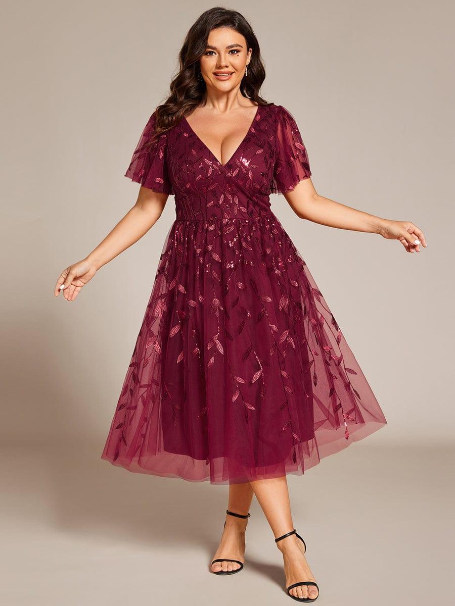 pretty SIMONE|Plus Size Leaf Sequin Tulle Midi Wedding Guest Dress(Final Sale) - Image 11