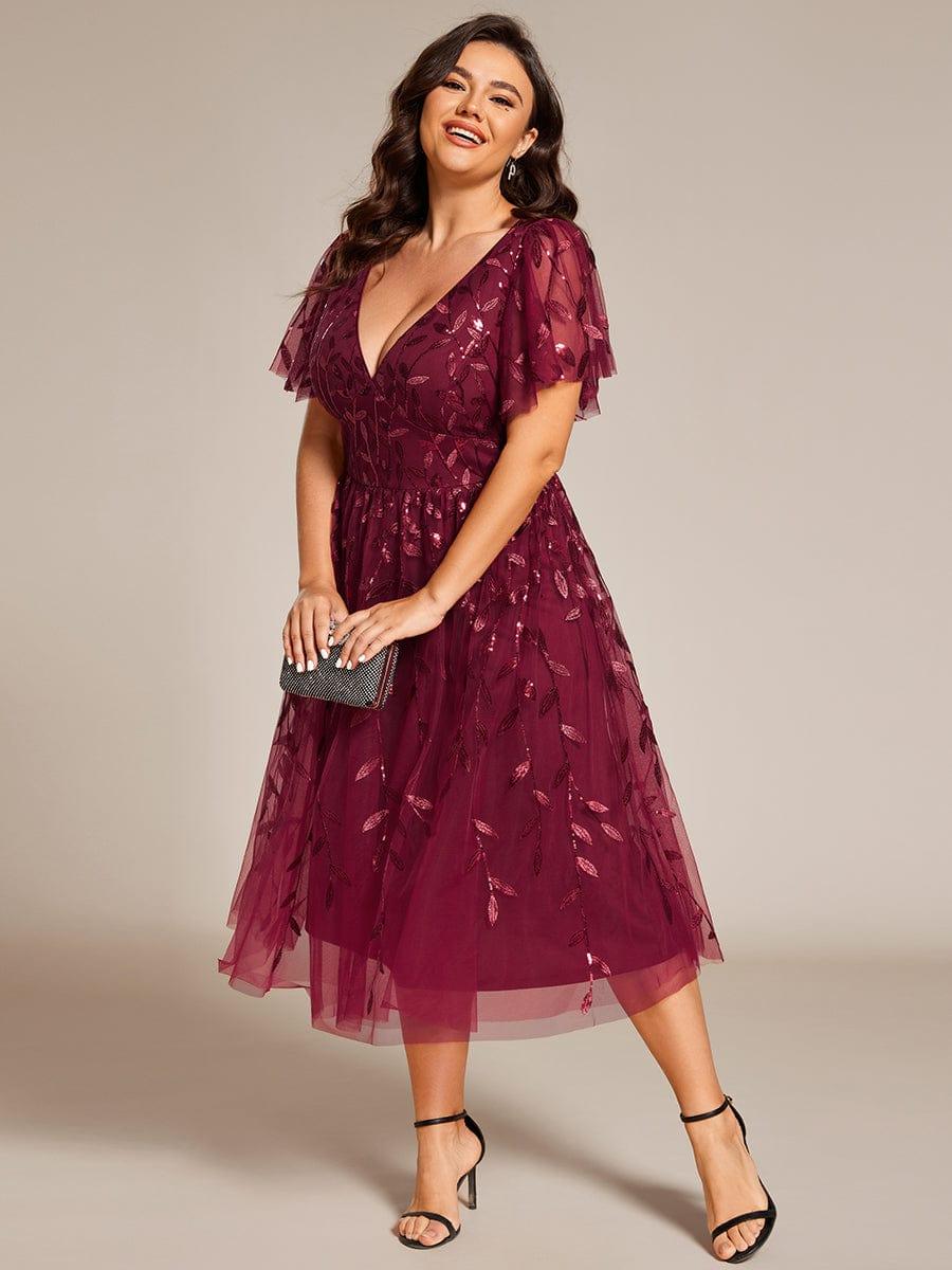 pretty SIMONE|Plus Size Leaf Sequin Tulle Midi Wedding Guest Dress(Final Sale) - Image 12