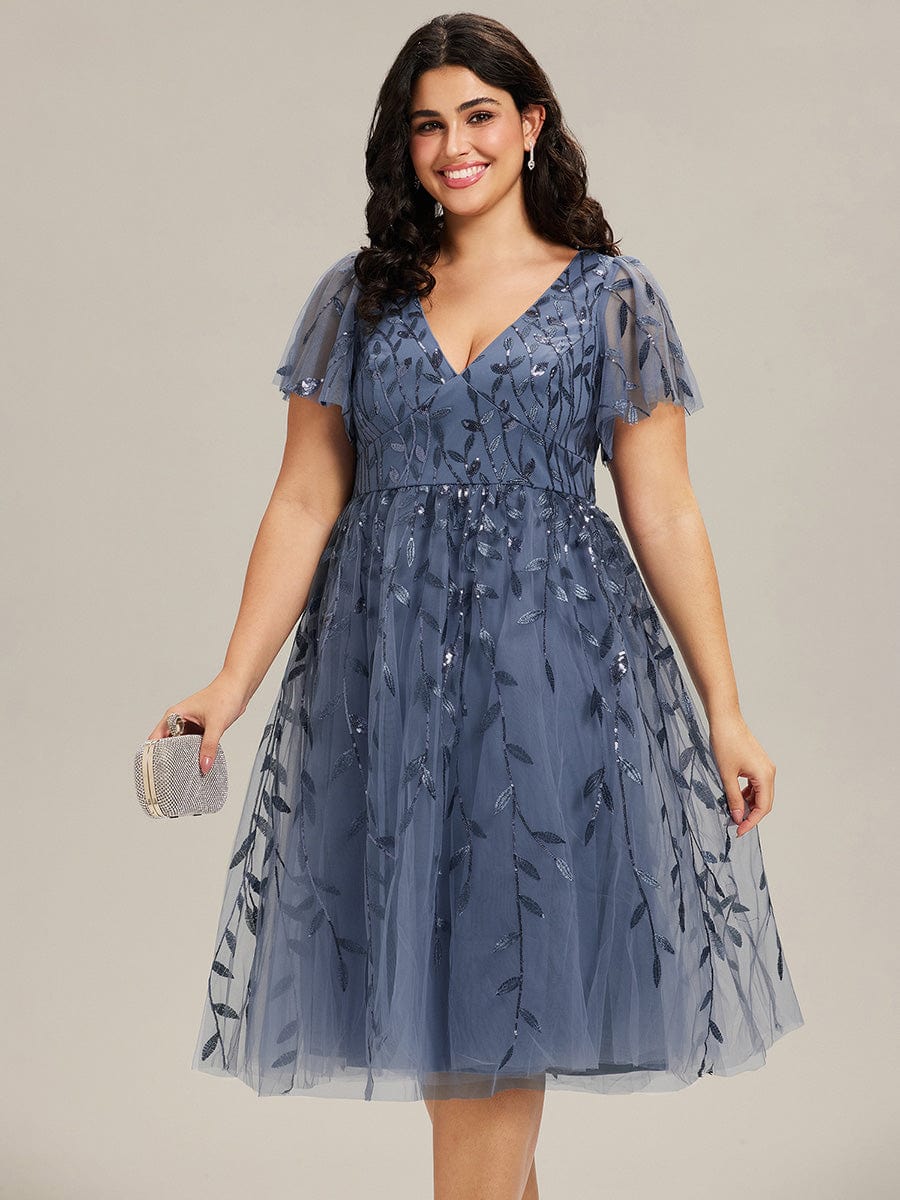 pretty SIMONE|Plus Size Leaf Sequin Tulle Midi Wedding Guest Dress(Final Sale) - Image 16