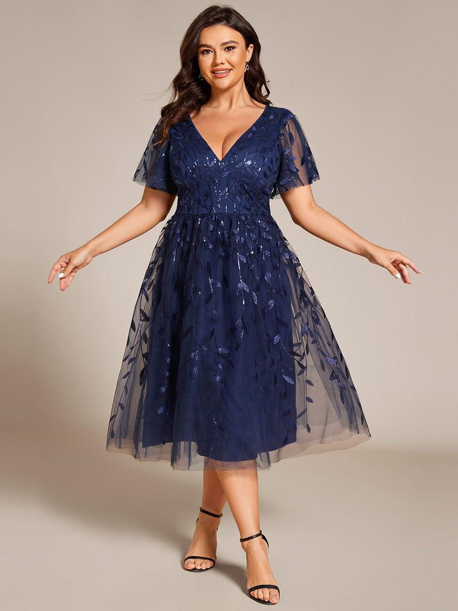 pretty SIMONE|Plus Size Leaf Sequin Tulle Midi Wedding Guest Dress(Final Sale) - Image 17