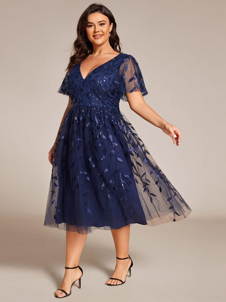 pretty SIMONE|Plus Size Leaf Sequin Tulle Midi Wedding Guest Dress(Final Sale) - Image 21