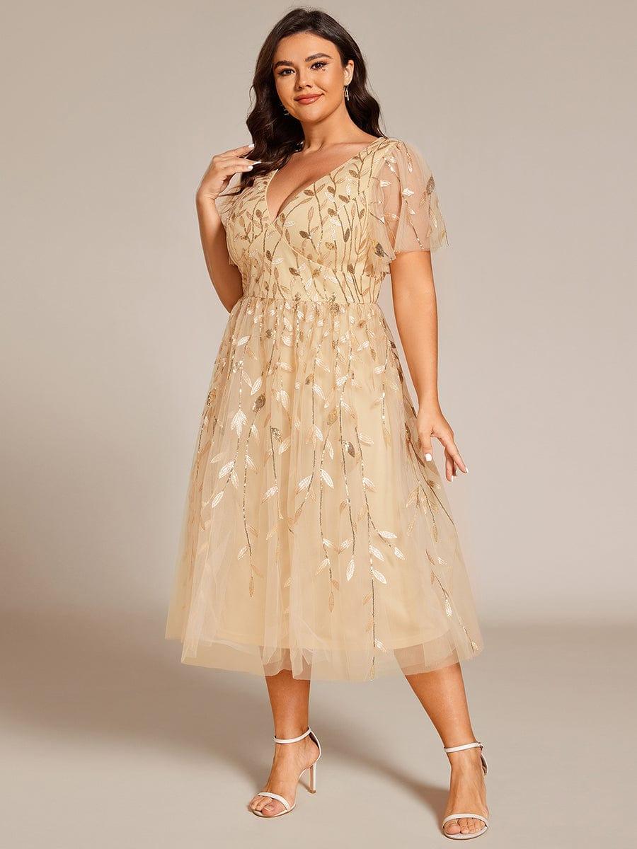 pretty SIMONE|Plus Size Leaf Sequin Tulle Midi Wedding Guest Dress(Final Sale) - Image 25