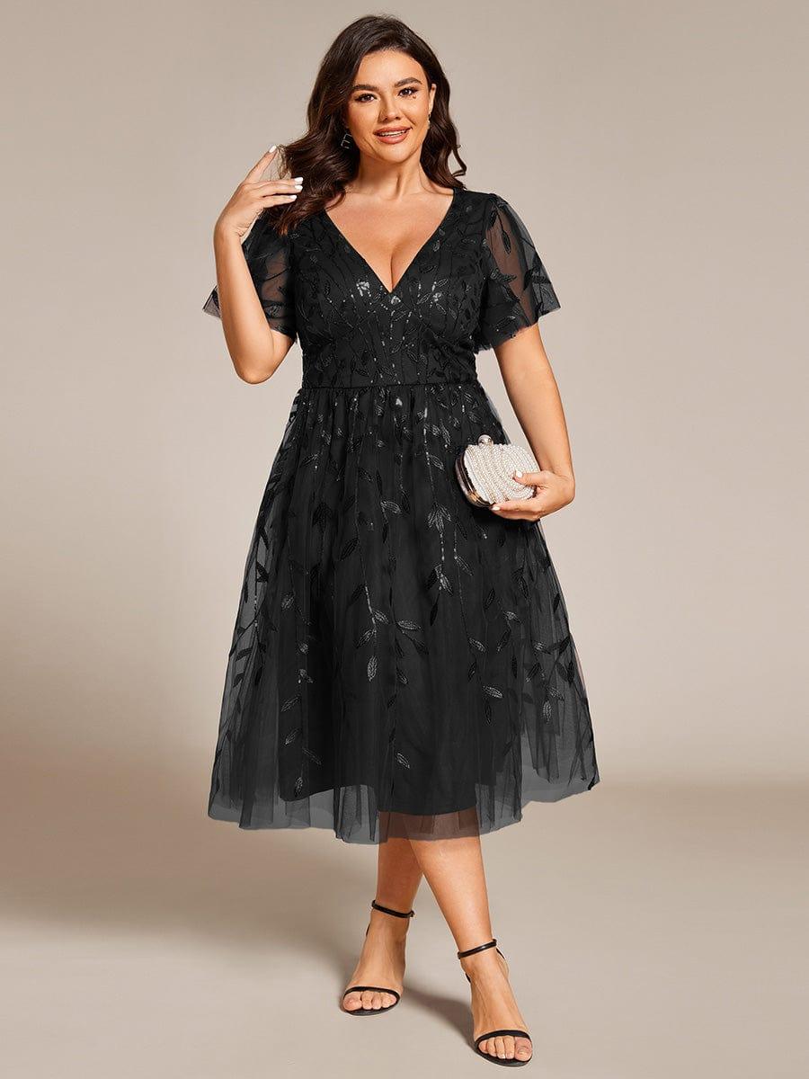 pretty SIMONE|Plus Size Leaf Sequin Tulle Midi Wedding Guest Dress(Final Sale) - Image 27
