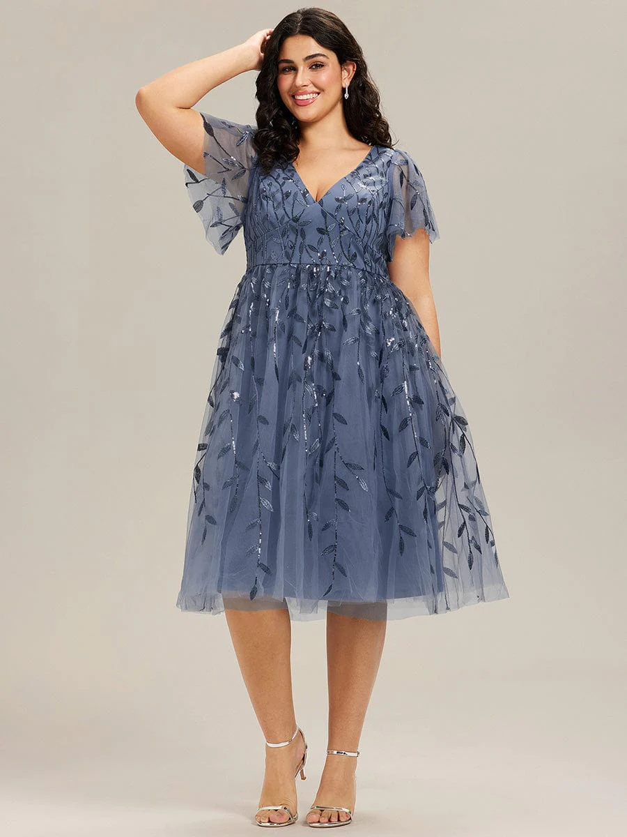 pretty SIMONE|Plus Size Leaf Sequin Tulle Midi Wedding Guest Dress(Final Sale) - Image 3