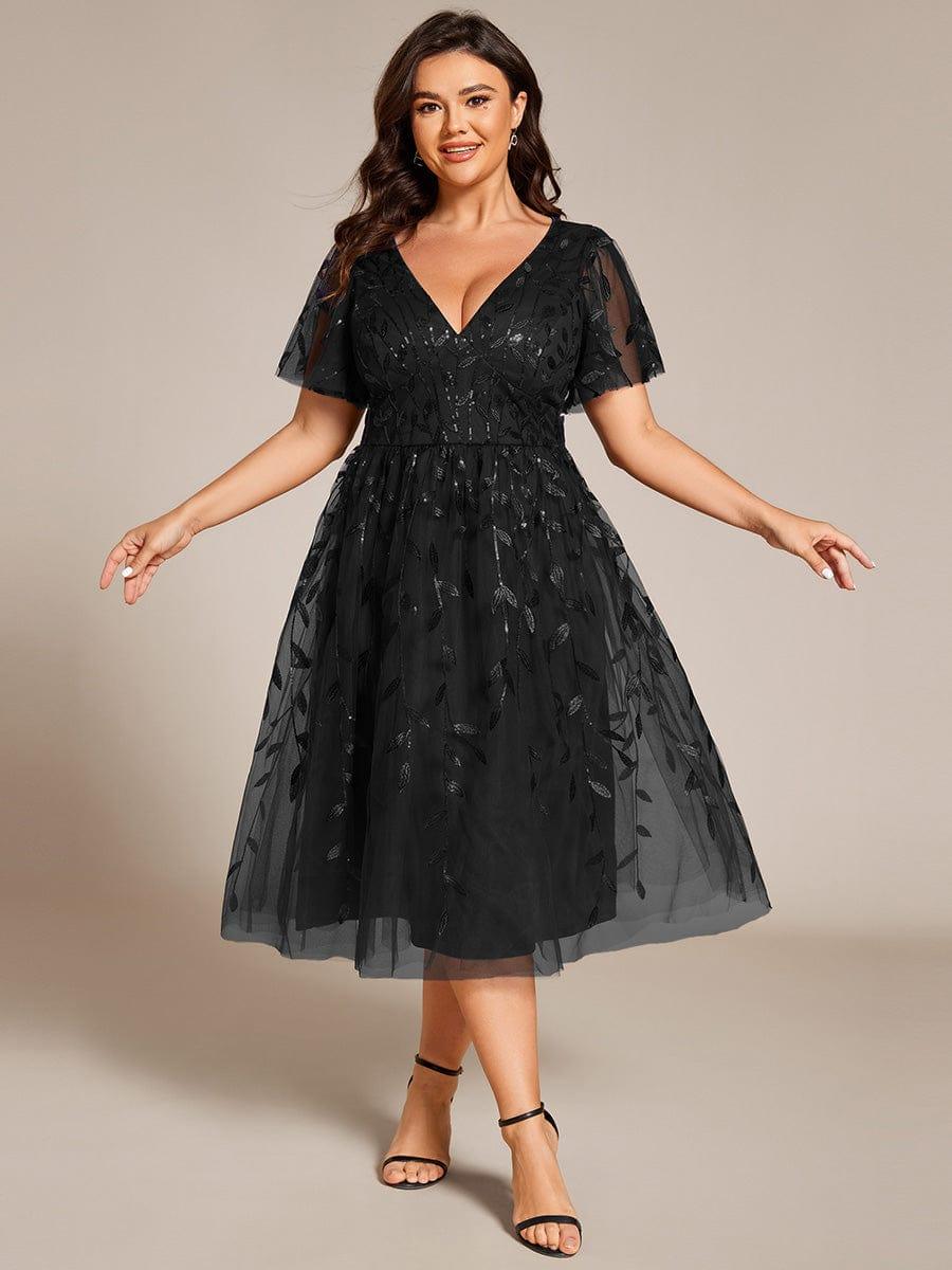 pretty SIMONE|Plus Size Leaf Sequin Tulle Midi Wedding Guest Dress(Final Sale) - Image 31