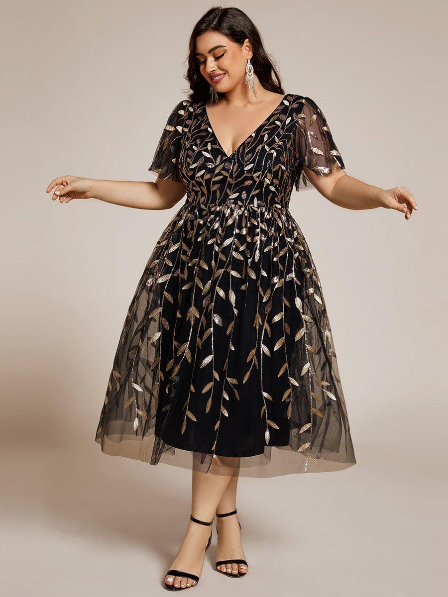 pretty SIMONE|Plus Size Leaf Sequin Tulle Midi Wedding Guest Dress(Final Sale) - Image 36