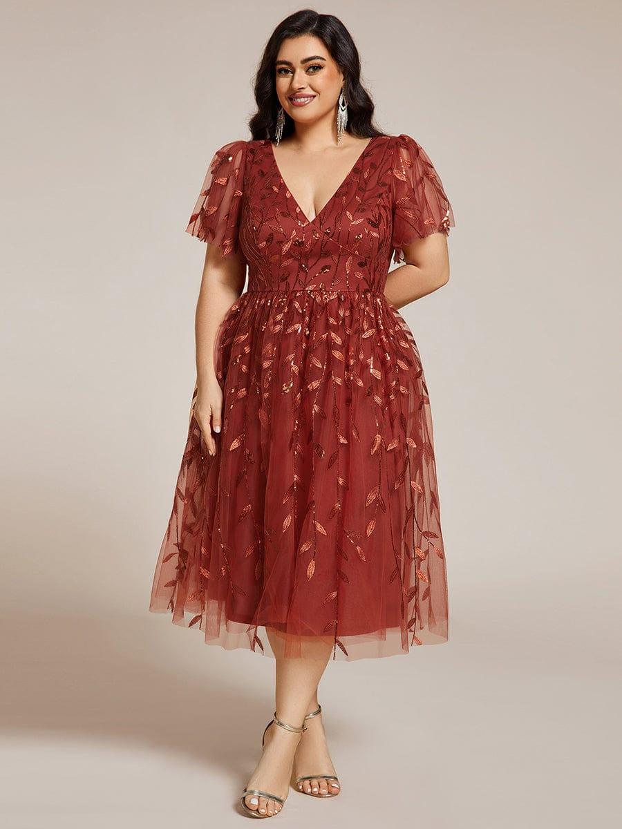 pretty SIMONE|Plus Size Leaf Sequin Tulle Midi Wedding Guest Dress(Final Sale) - Image 4