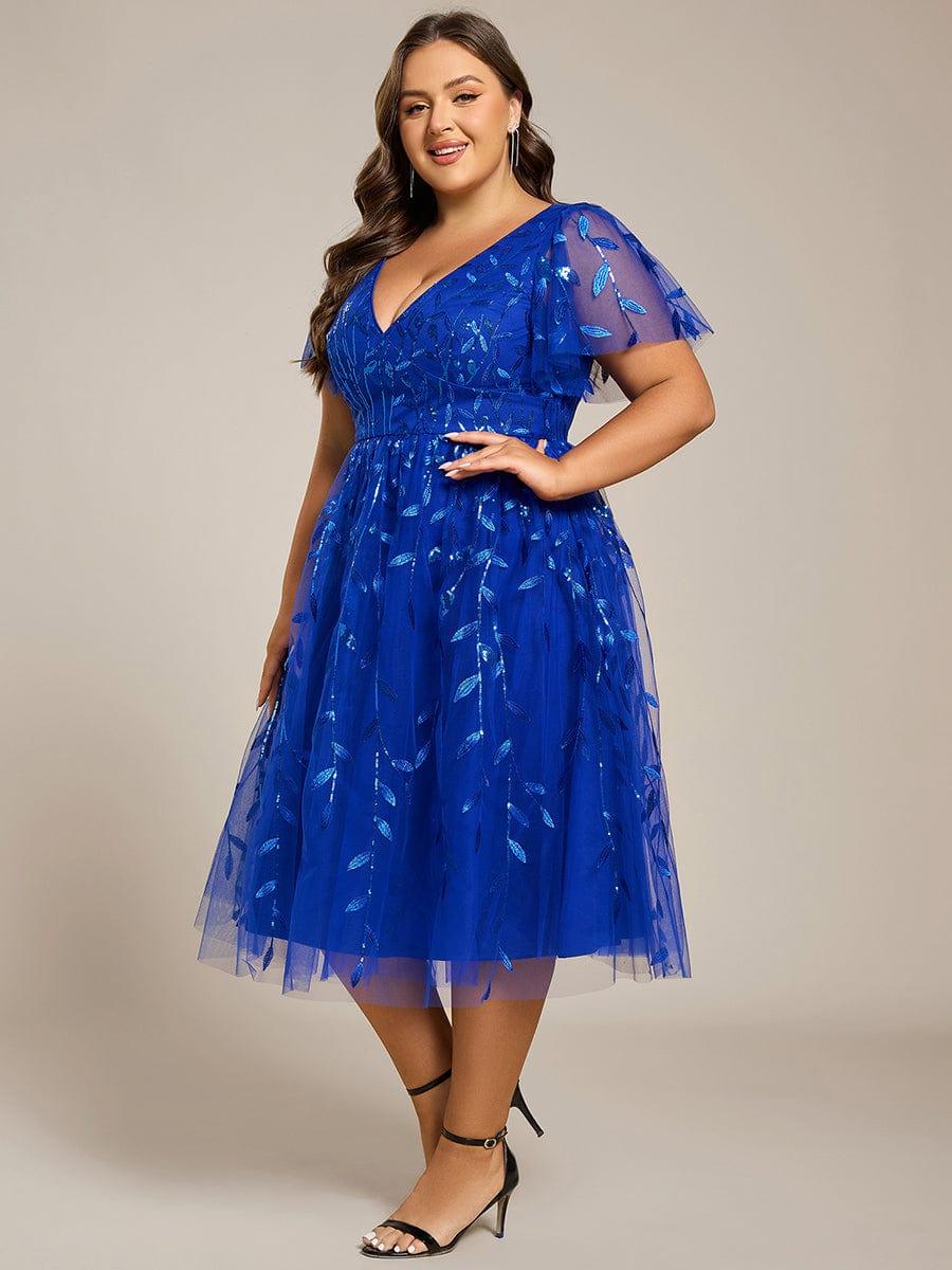 pretty SIMONE|Plus Size Leaf Sequin Tulle Midi Wedding Guest Dress(Final Sale) - Image 44