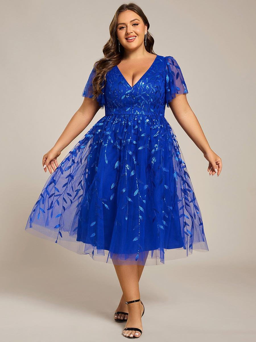 pretty SIMONE|Plus Size Leaf Sequin Tulle Midi Wedding Guest Dress(Final Sale) - Image 45