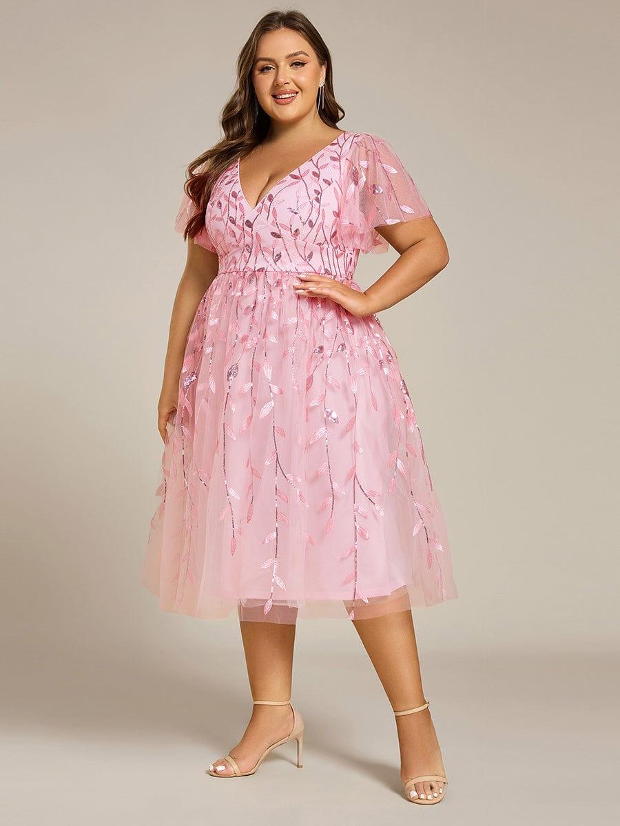 pretty SIMONE|Plus Size Leaf Sequin Tulle Midi Wedding Guest Dress(Final Sale) - Image 49