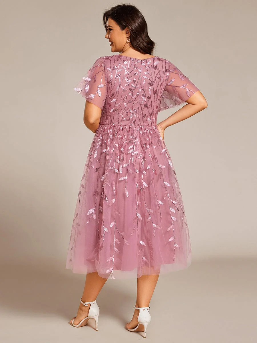 ever SIMONE|Leaf Sequin Short Sleeve Tulle Midi Wedding Guest Dress(Final Sale) - Image 99