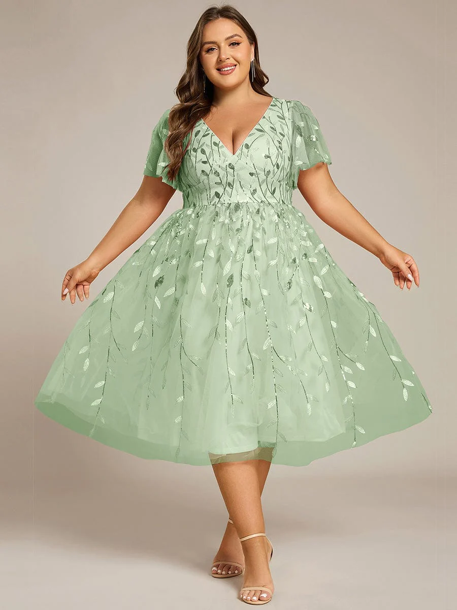 ever SIMONE|Leaf Sequin Short Sleeve Tulle Midi Wedding Guest Dress(Final Sale) - Image 111