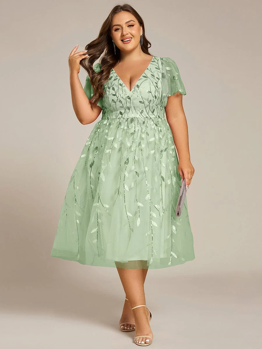 ever SIMONE|Leaf Sequin Short Sleeve Tulle Midi Wedding Guest Dress(Final Sale) - Image 108