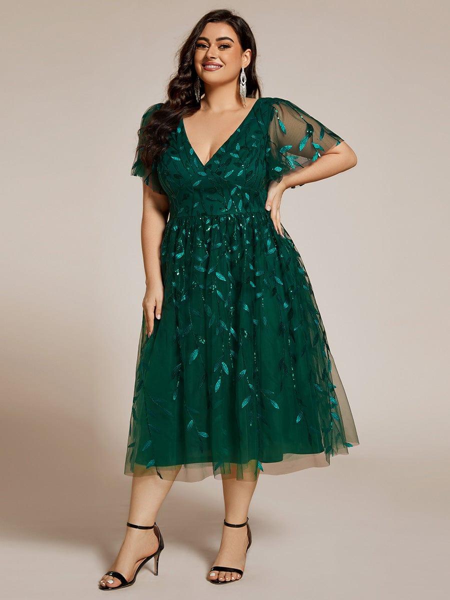 pretty SIMONE|Plus Size Leaf Sequin Tulle Midi Wedding Guest Dress(Final Sale) - Image 6