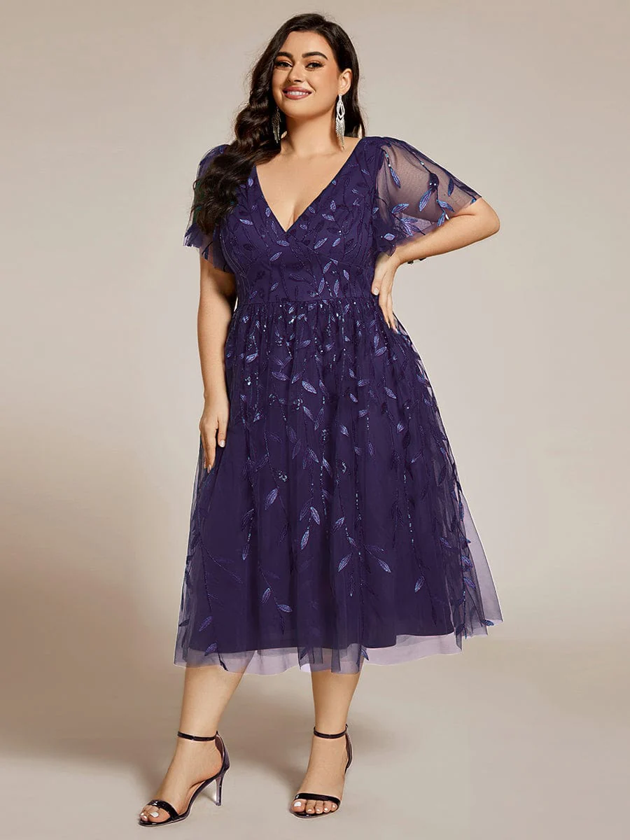 pretty SIMONE|Plus Size Leaf Sequin Tulle Midi Wedding Guest Dress(Final Sale) - Image 64