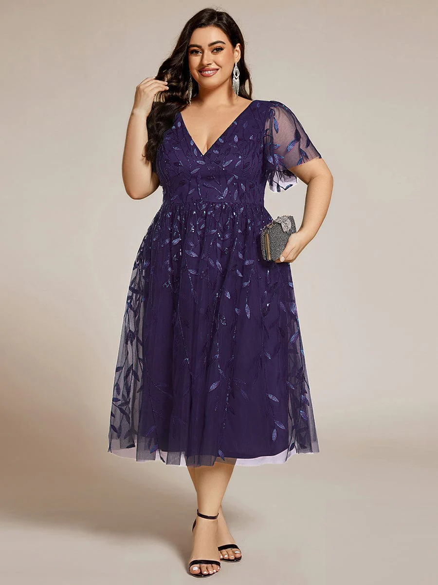 pretty SIMONE|Plus Size Leaf Sequin Tulle Midi Wedding Guest Dress(Final Sale) - Image 65
