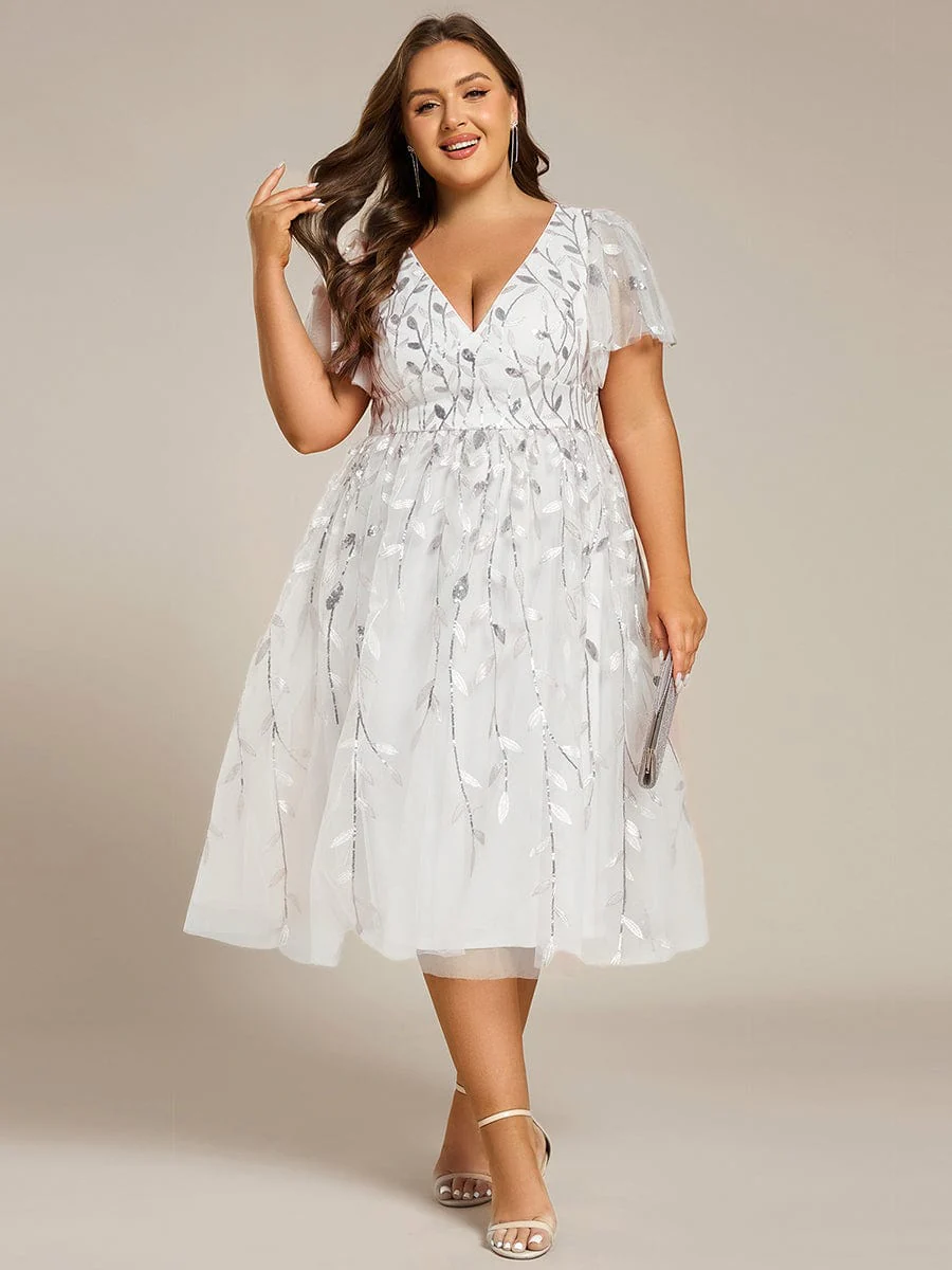 pretty SIMONE|Plus Size Leaf Sequin Tulle Midi Wedding Guest Dress(Final Sale) - Image 66