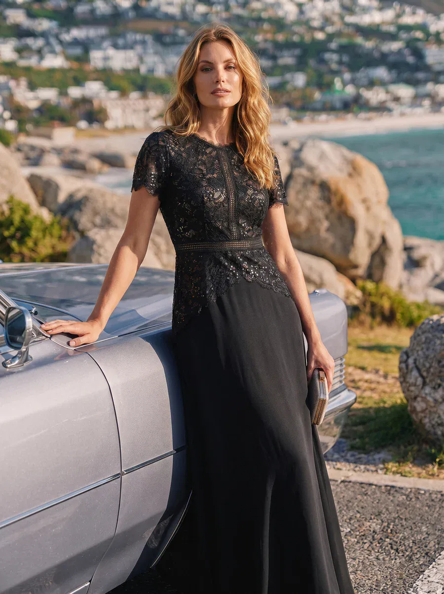 Sparkling Sequin Lace Maxi Dress with Short Sleeves Elegant Long Formal Evening Gown - Image 7