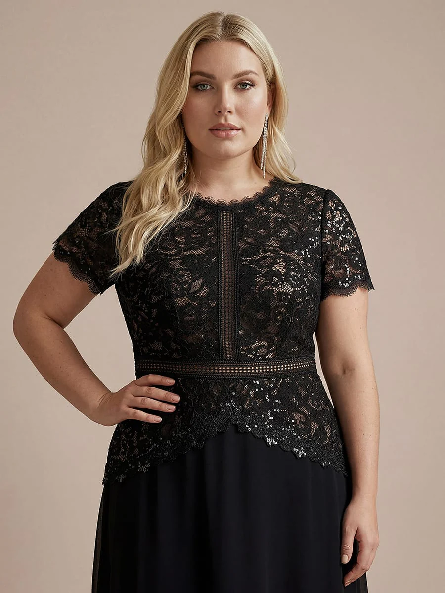 Sparkling Sequin Lace Maxi Dress with Short Sleeves Elegant Long Formal Evening Gown - Image 11
