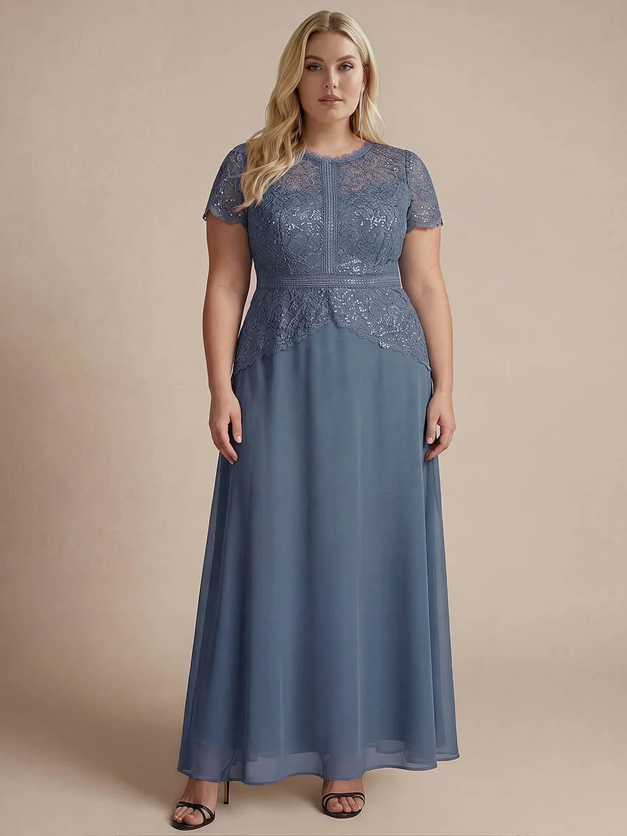 Sparkling Sequin Lace Maxi Dress with Short Sleeves Elegant Long Formal Evening Gown - Image 13
