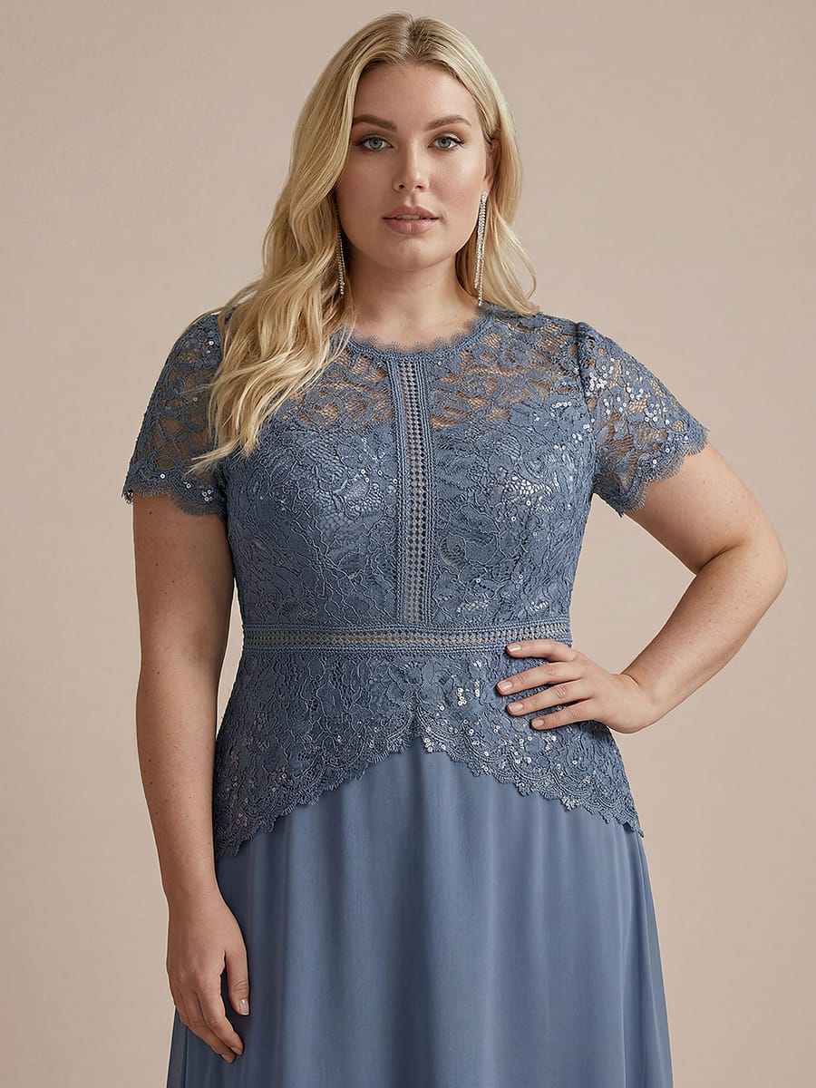 Sparkling Sequin Lace Maxi Dress with Short Sleeves Elegant Long Formal Evening Gown - Image 15