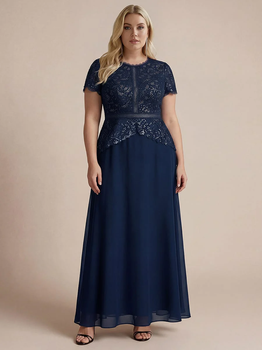 Sparkling Sequin Lace Maxi Dress with Short Sleeves Elegant Long Formal Evening Gown - Image 19
