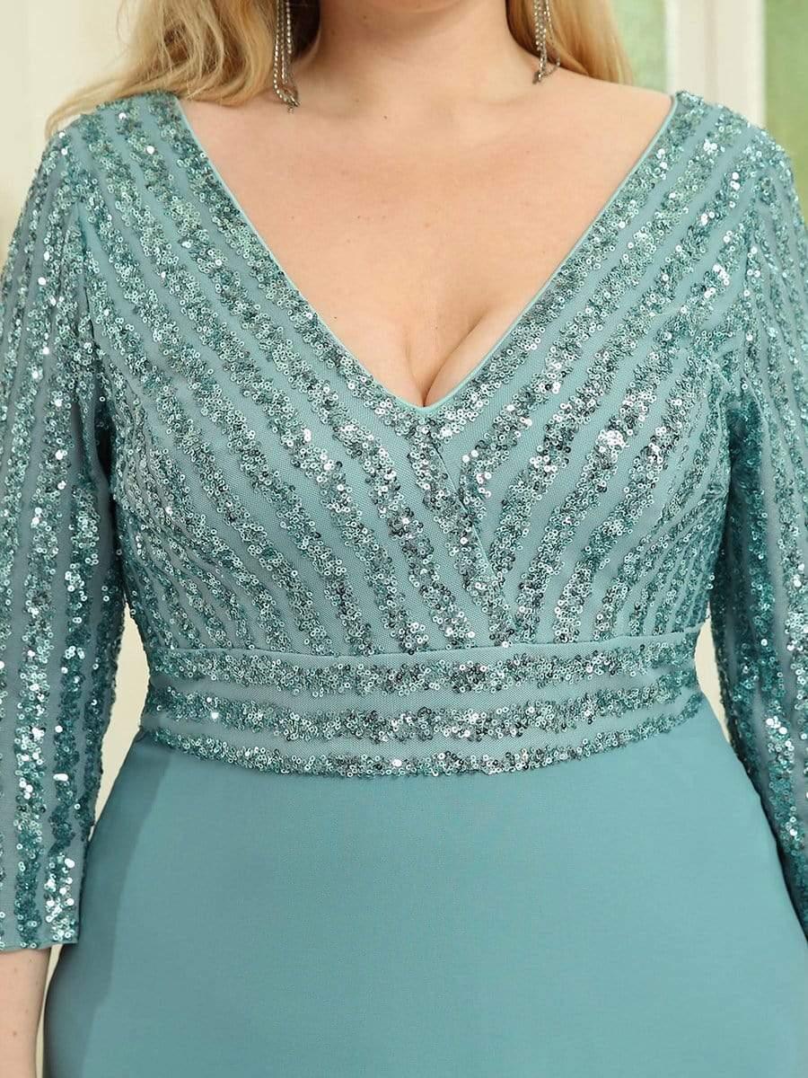 pretty LUENA|Plus Size Sexy V Neck A-Line Sequin Evening Dress with Sleeve - Image 15