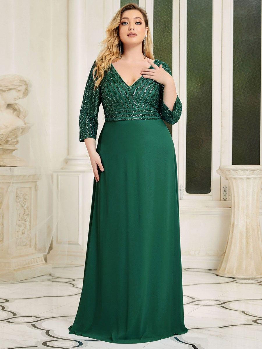 pretty LUENA|Plus Size Sexy V Neck A-Line Sequin Evening Dress with Sleeve - Image 21