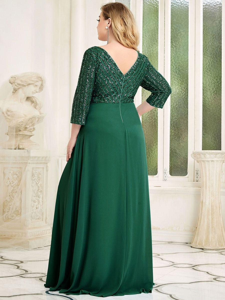 pretty LUENA|Plus Size Sexy V Neck A-Line Sequin Evening Dress with Sleeve - Image 22