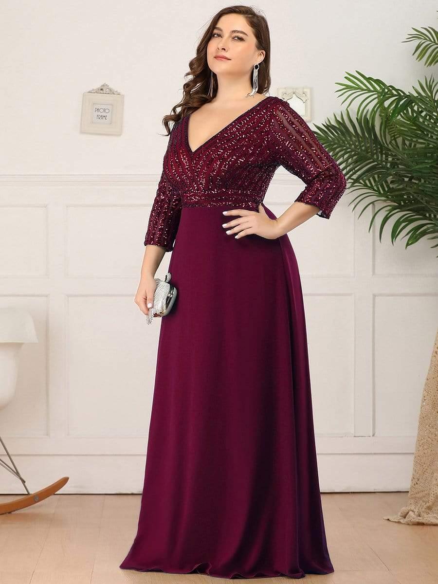 pretty LUENA|Plus Size Sexy V Neck A-Line Sequin Evening Dress with Sleeve - Image 3