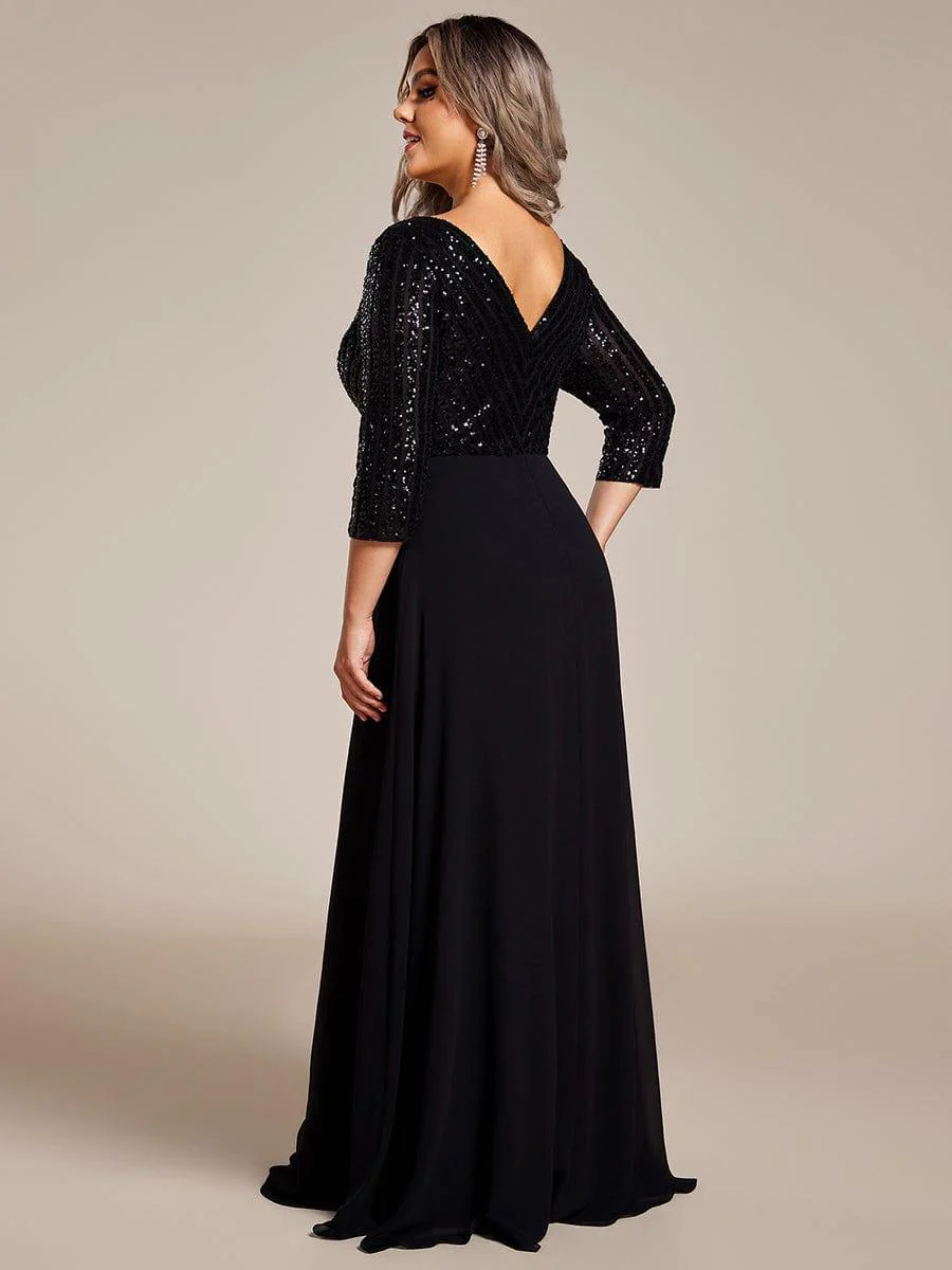 pretty LUENA|Plus Size Sexy V Neck A-Line Sequin Evening Dress with Sleeve - Image 32