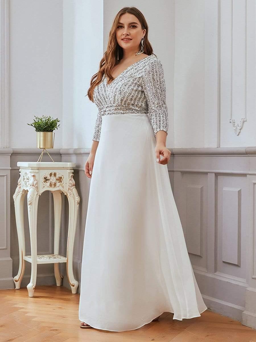 pretty LUENA|Plus Size Sexy V Neck A-Line Sequin Evening Dress with Sleeve - Image 9