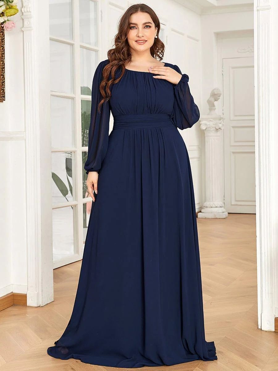 pretty CELESTE|Plus Size Sheer Long Sleeve Pleated Floor Length Bridesmaid Dress - Image 11