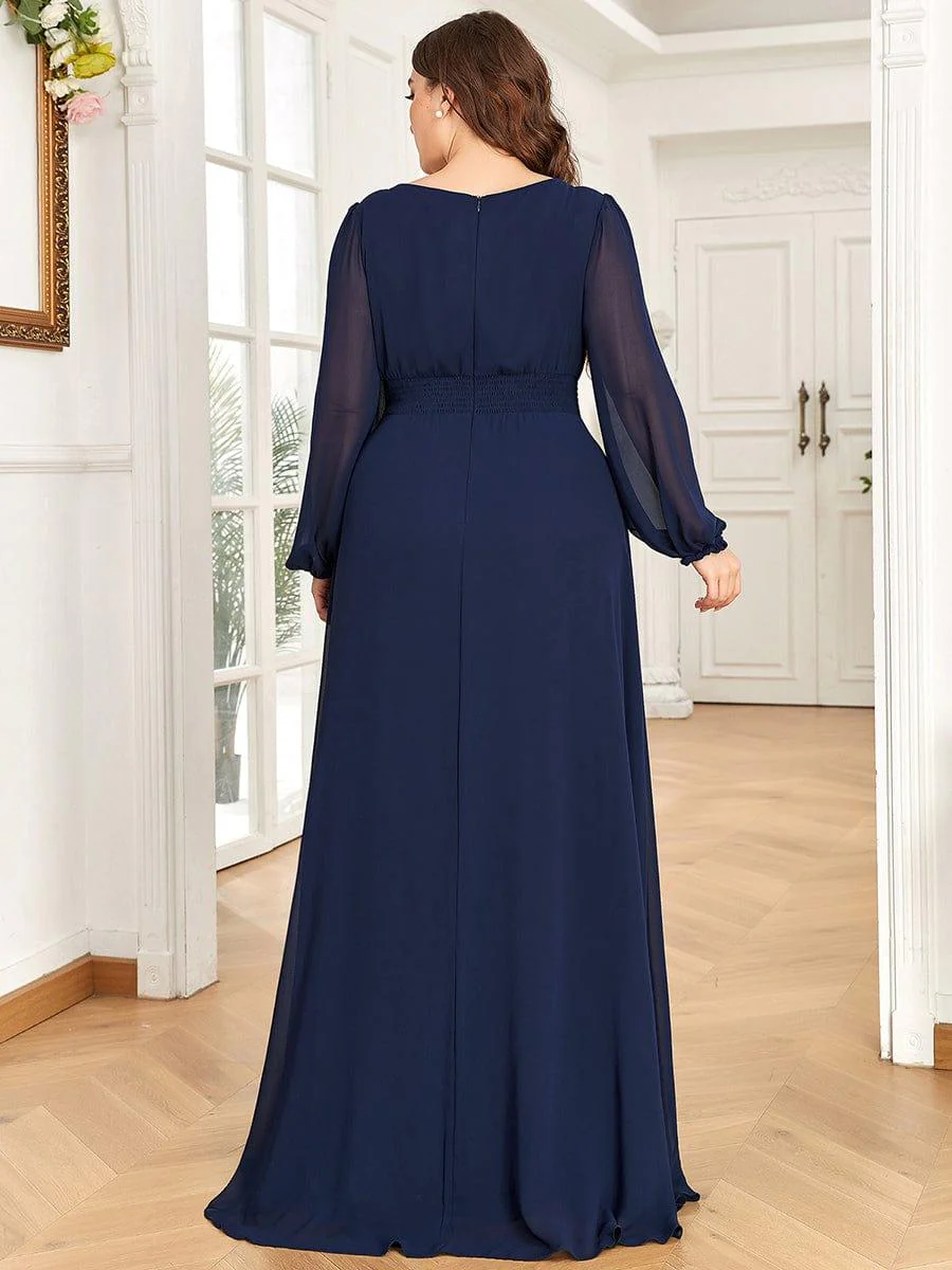 pretty CELESTE|Plus Size Sheer Long Sleeve Pleated Floor Length Bridesmaid Dress - Image 12