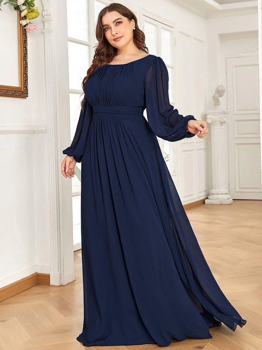 pretty CELESTE|Plus Size Sheer Long Sleeve Pleated Floor Length Bridesmaid Dress - Image 13