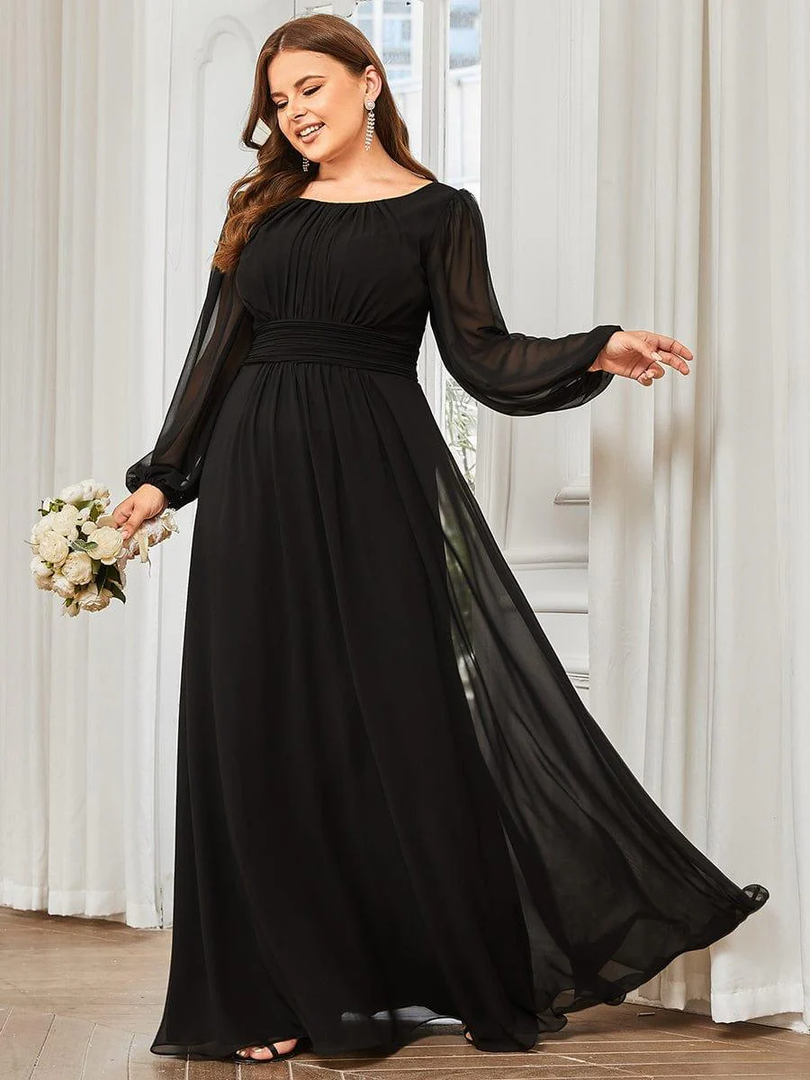 pretty CELESTE|Plus Size Sheer Long Sleeve Pleated Floor Length Bridesmaid Dress - Image 16