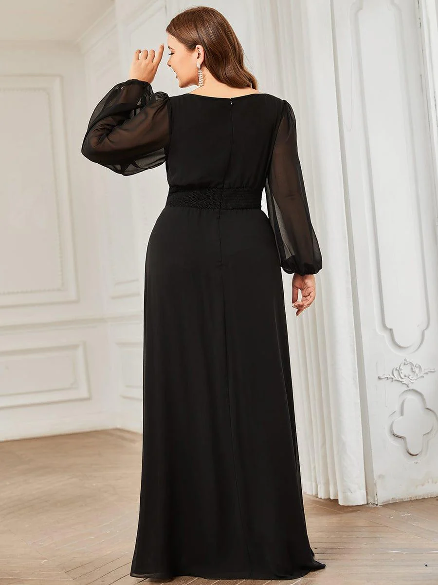pretty CELESTE|Plus Size Sheer Long Sleeve Pleated Floor Length Bridesmaid Dress - Image 17