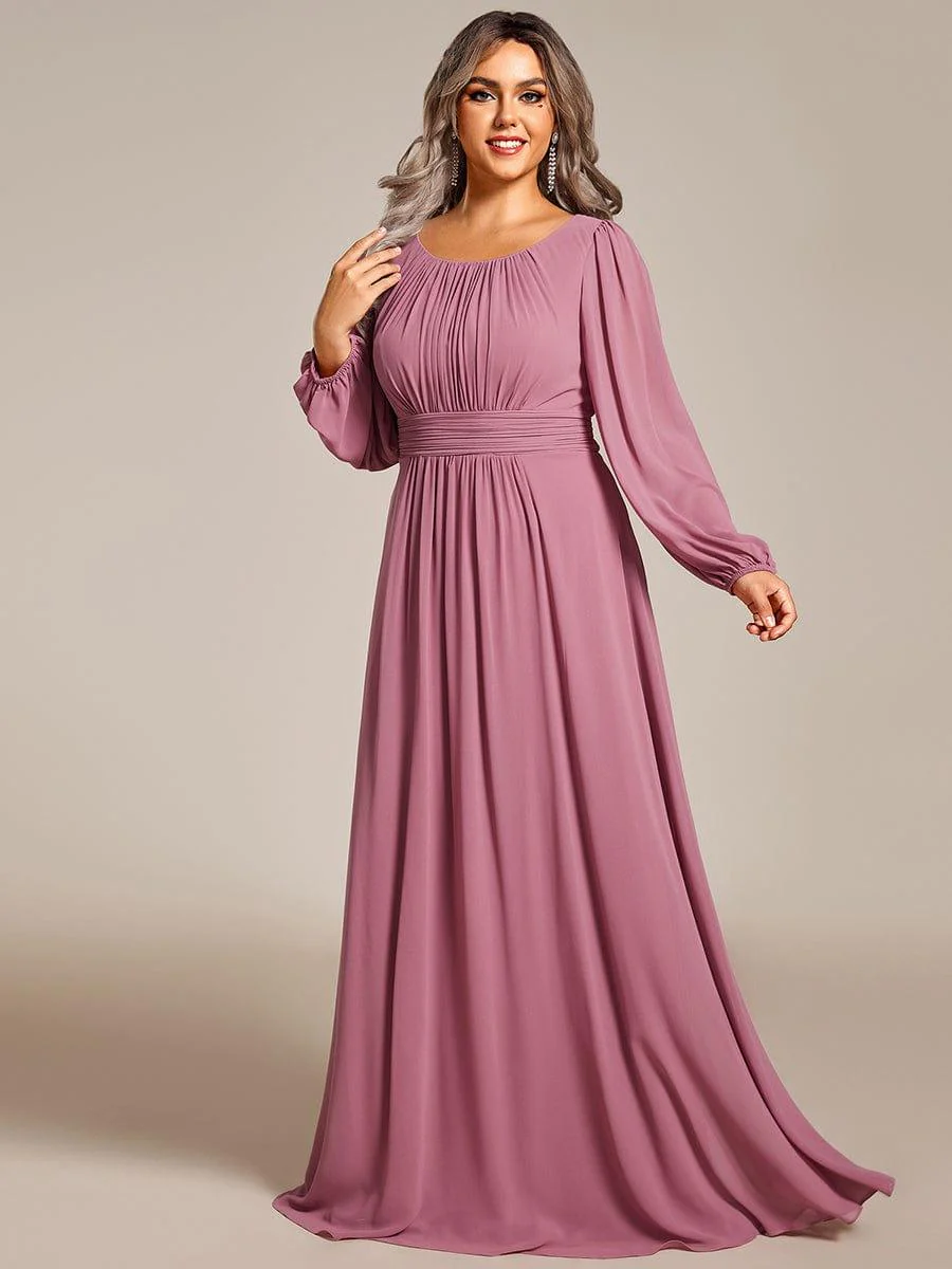 pretty CELESTE|Plus Size Sheer Long Sleeve Pleated Floor Length Bridesmaid Dress - Image 43