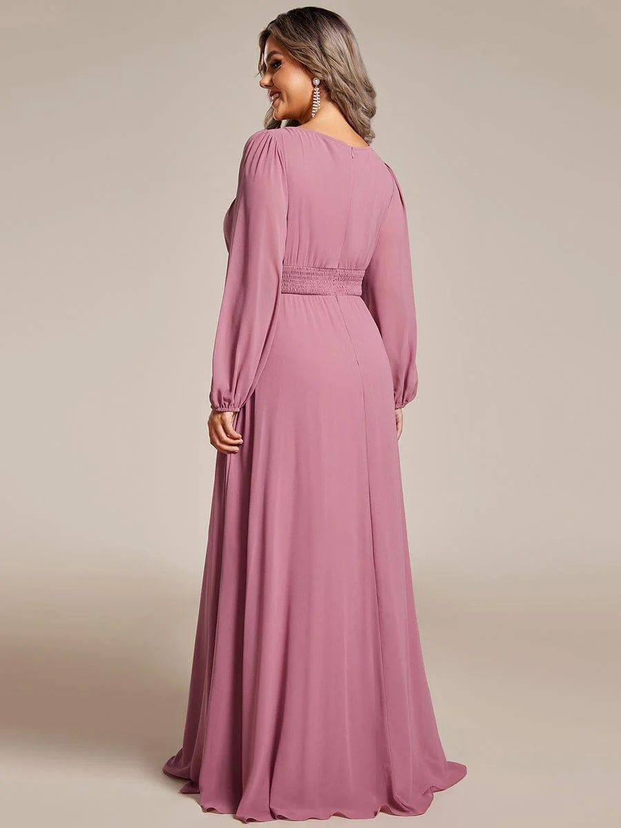 pretty CELESTE|Plus Size Sheer Long Sleeve Pleated Floor Length Bridesmaid Dress - Image 44