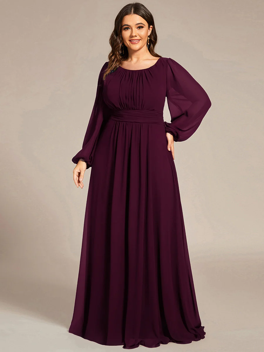 pretty CELESTE|Plus Size Sheer Long Sleeve Pleated Floor Length Bridesmaid Dress - Image 69
