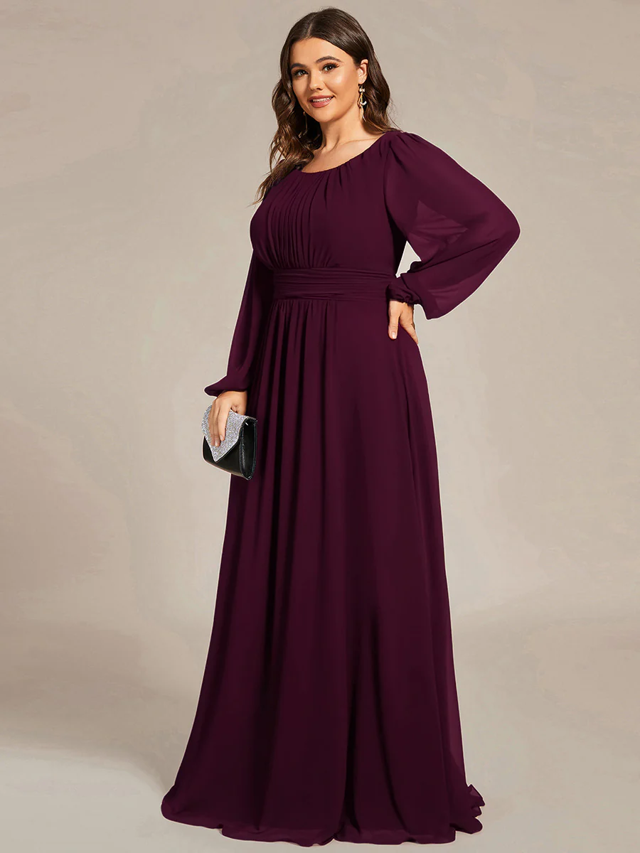 pretty CELESTE|Plus Size Sheer Long Sleeve Pleated Floor Length Bridesmaid Dress - Image 71