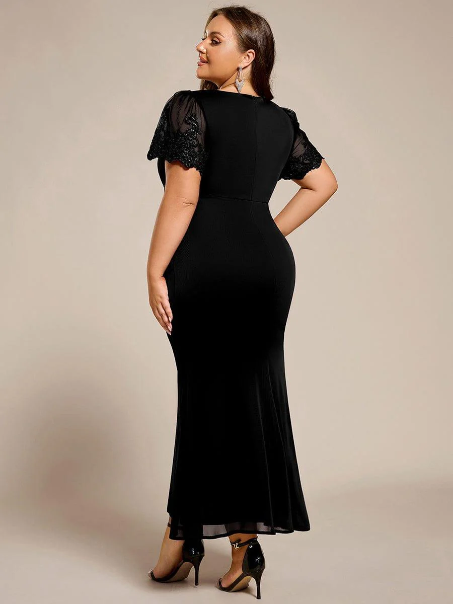pretty CLEO|Plus Size Short Sleeve Ruffled Fishtail V-Neck Evening Dress - Image 2